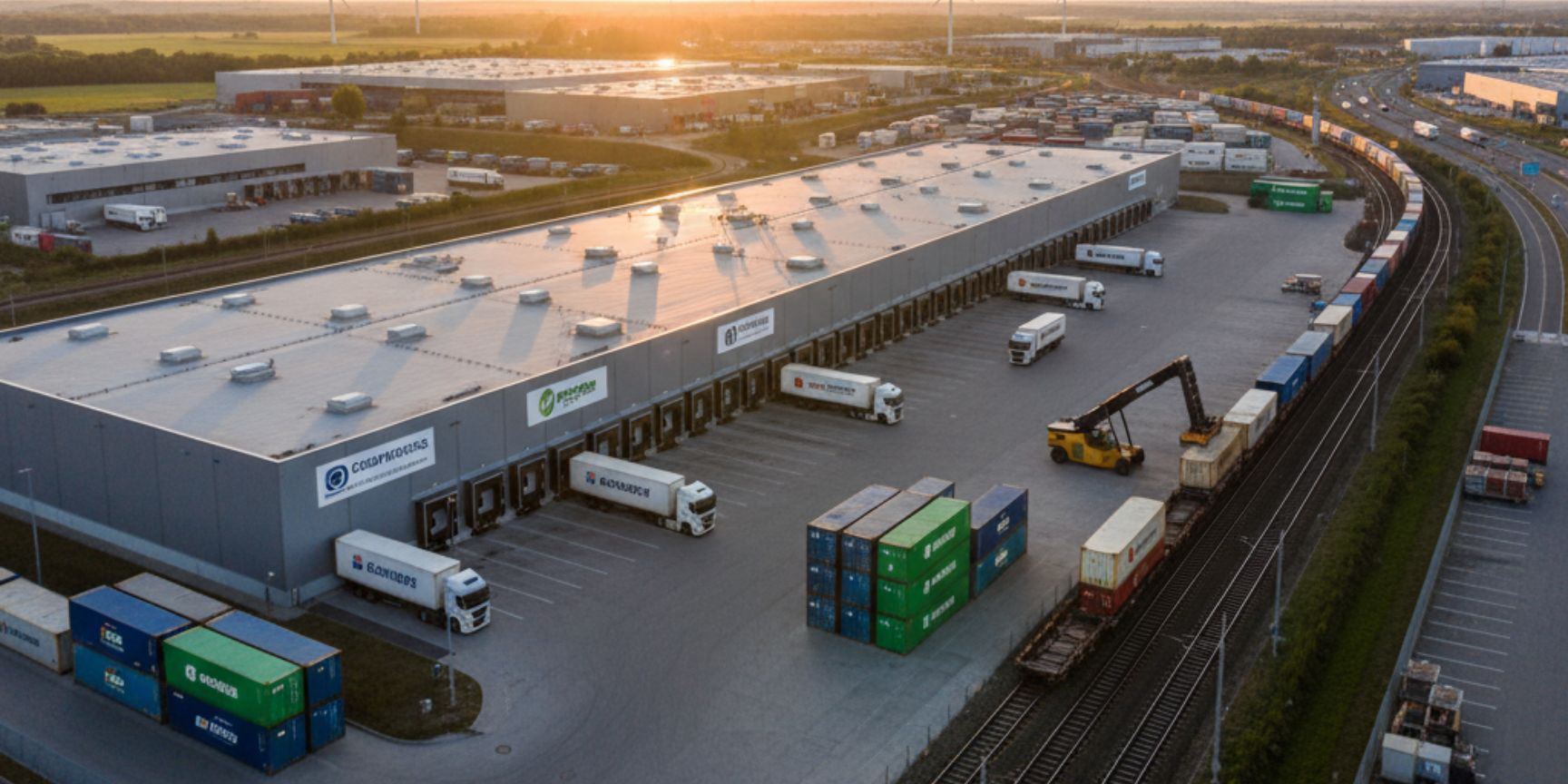 Drohnenansicht eines modernen Logistikzentrums mit LKW-Docks und Containerlagerung, direkt angrenzend an eine Eisenbahnstrecke, auf der ein Greifer Container von einem Güterzug entlädt, illustriert intermodale Logistikimmobilien.